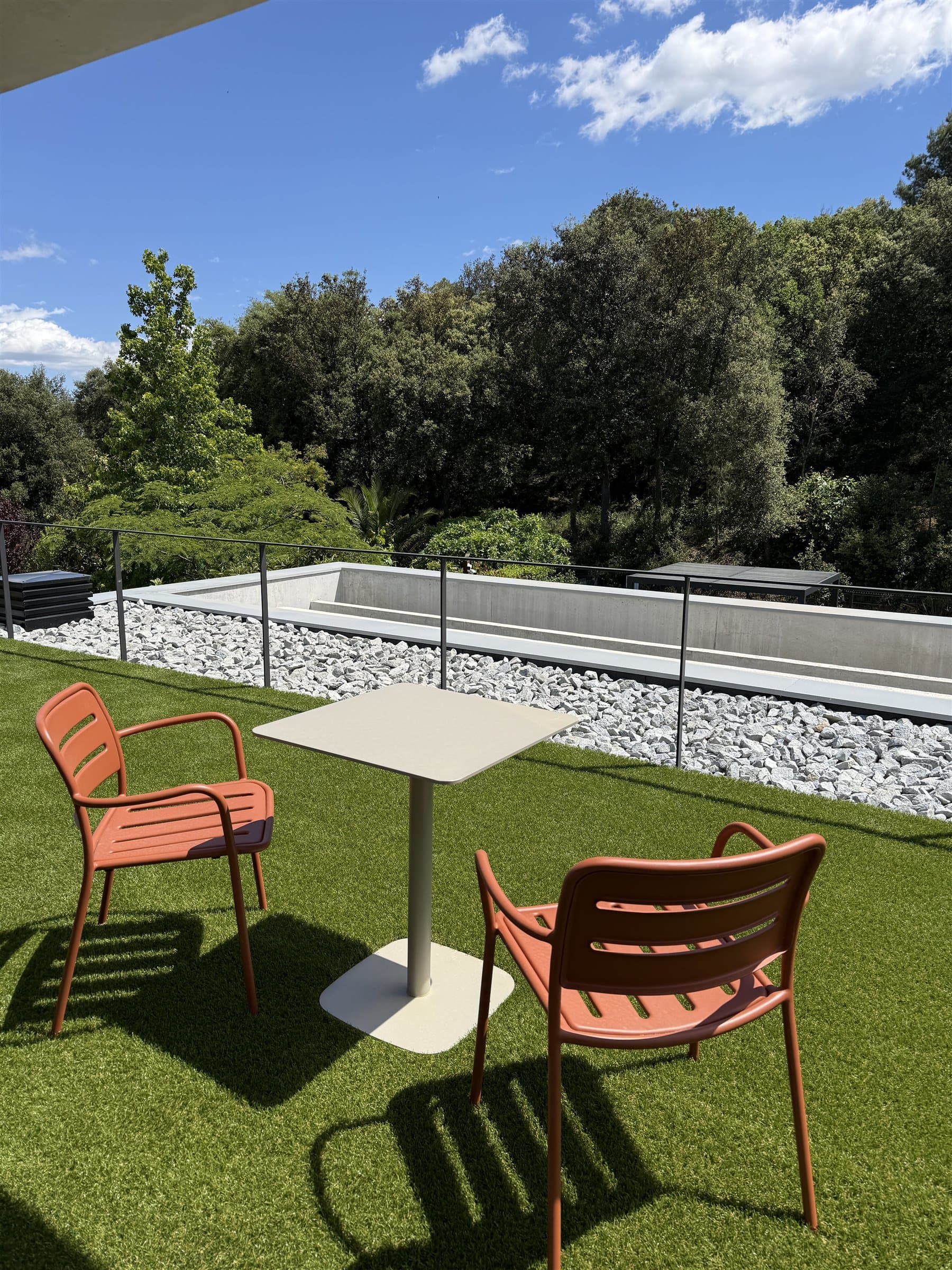 Terrassa de gespa artificial amb piscina i vistes al bosc