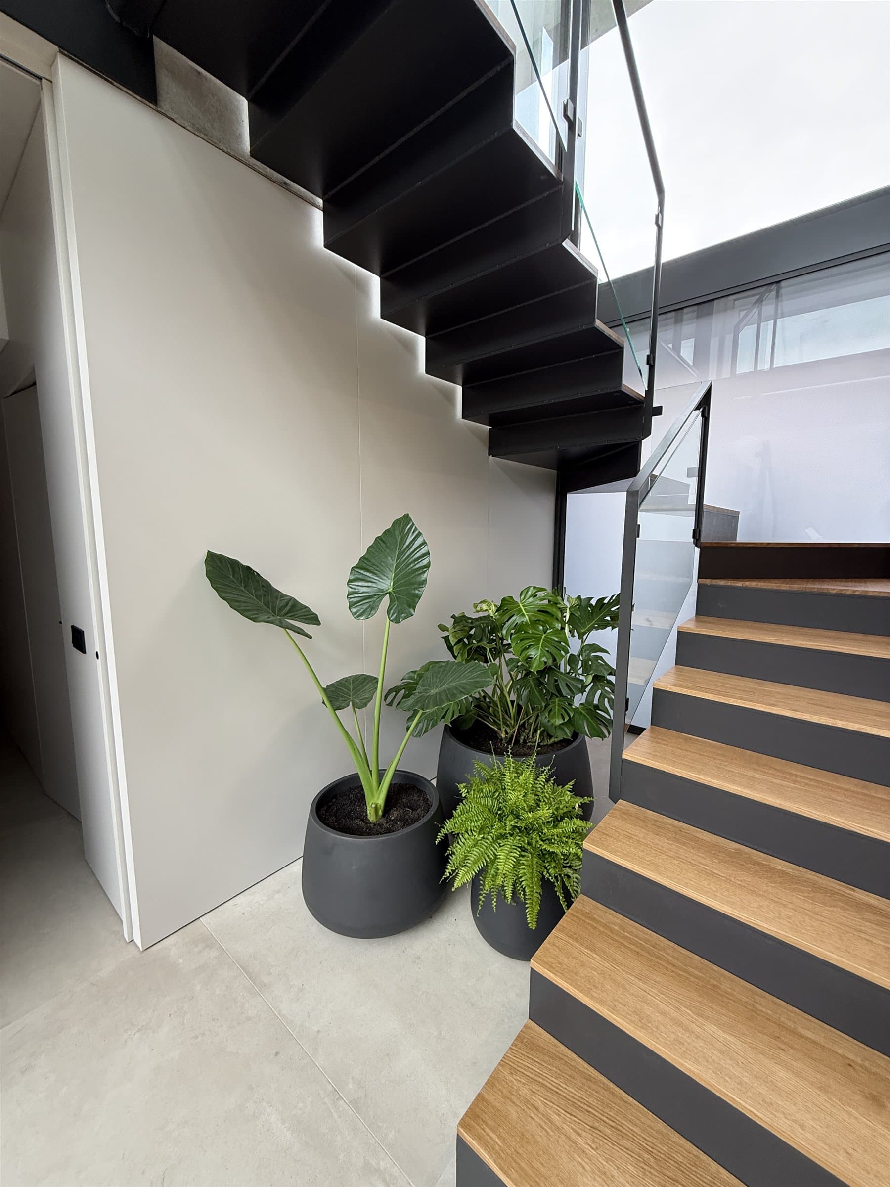 Decoració vegetal interior amb plantes tropicals sota una escala